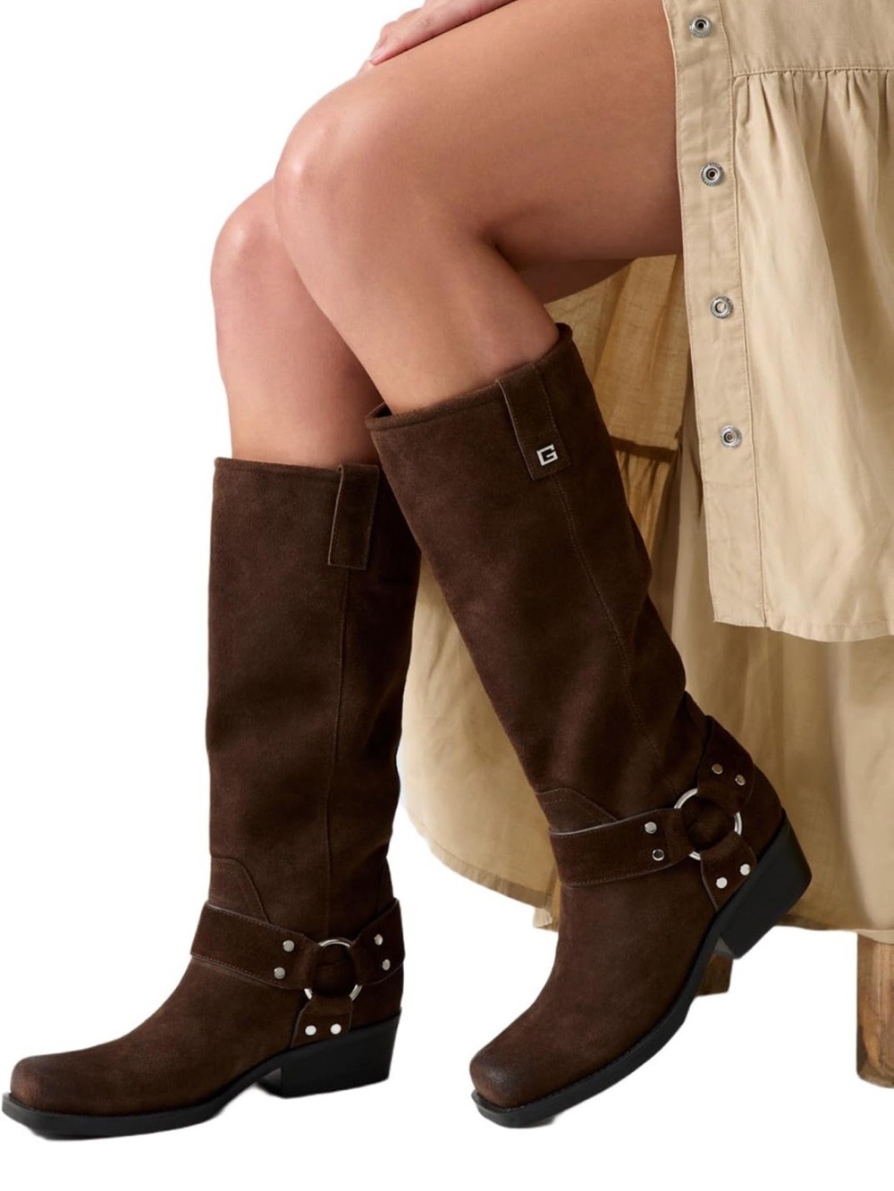 GUESS Felysse Tall Buckle Moto Leather Suede Lug Boots - Dark Brown - NWT